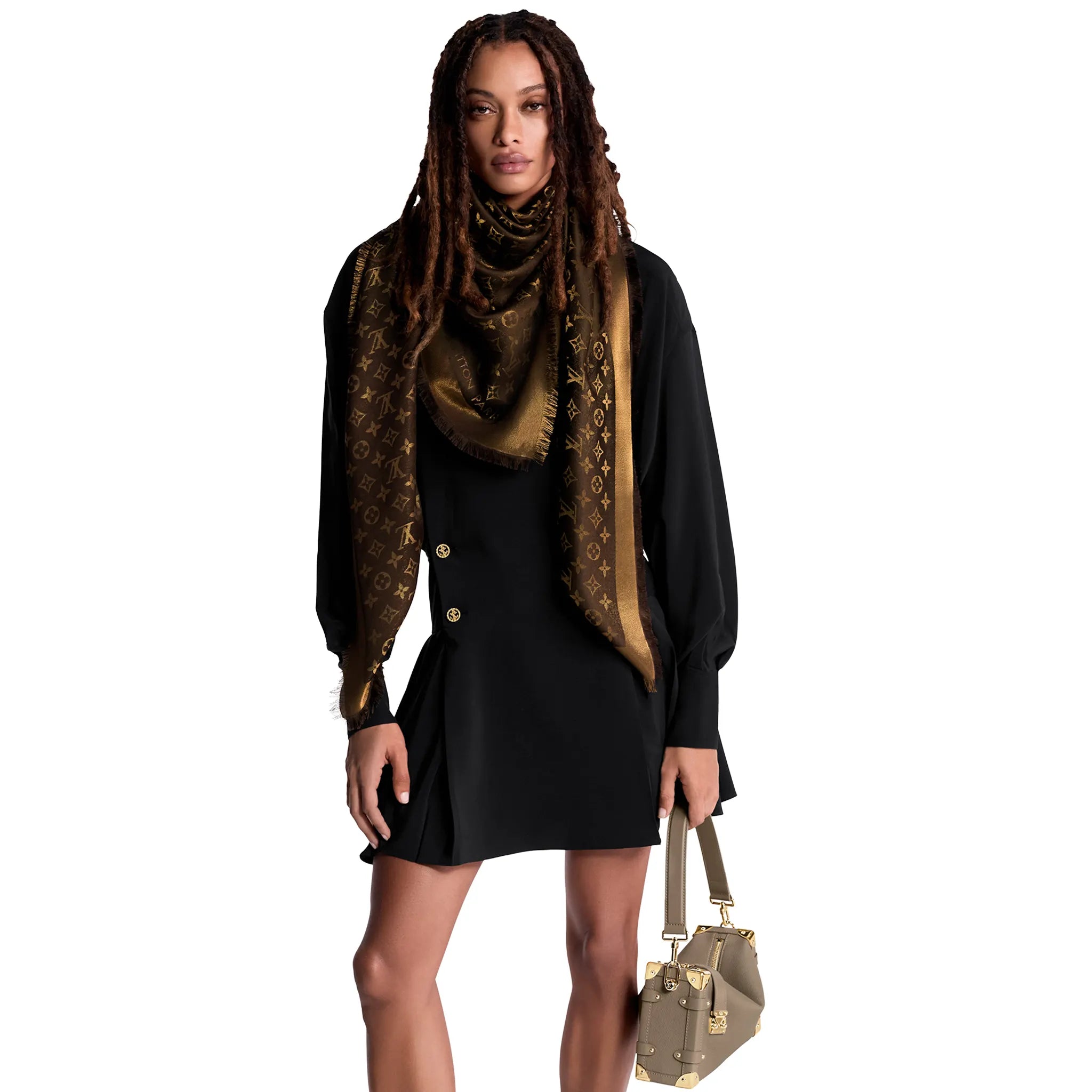 Model View of Louis Vuitton Monogram Shine Brown Shawl M75122